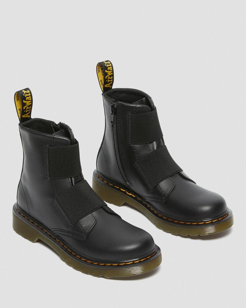 Kids' Dr Martens Junior 1460 Elastic Leather Lace Up Boots Black | AU 673HAP